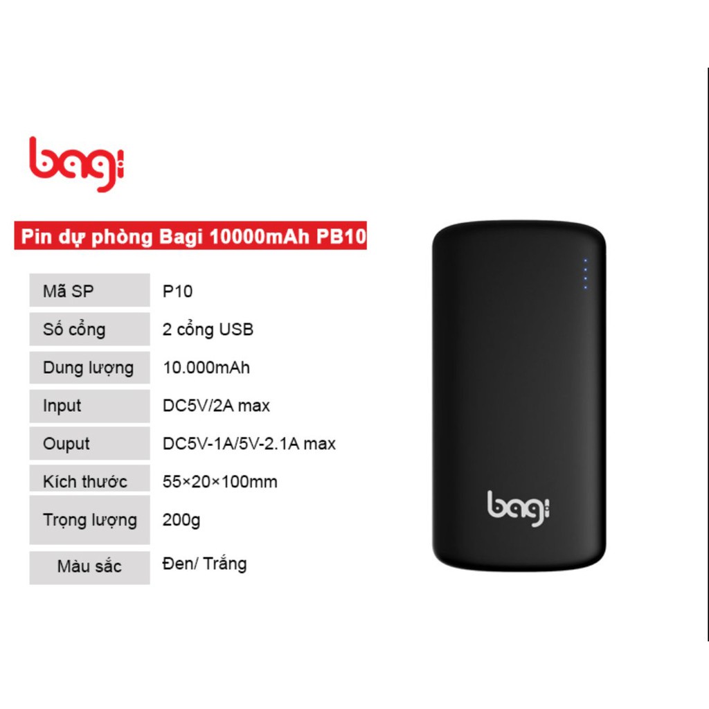 Pin dự phòng Bagi chất lượng cao 10.000mAh P9 - Hàng chính hãng
