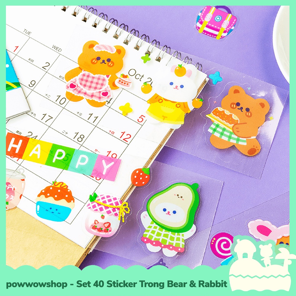 [Sẵn VN - Hỏa Tốc] Bộ 40 Sticker Decal Trong Dán Trang Trí Vật Dụng Bear &amp; Rabbit Đáng Yêu Nhiều Mẫu