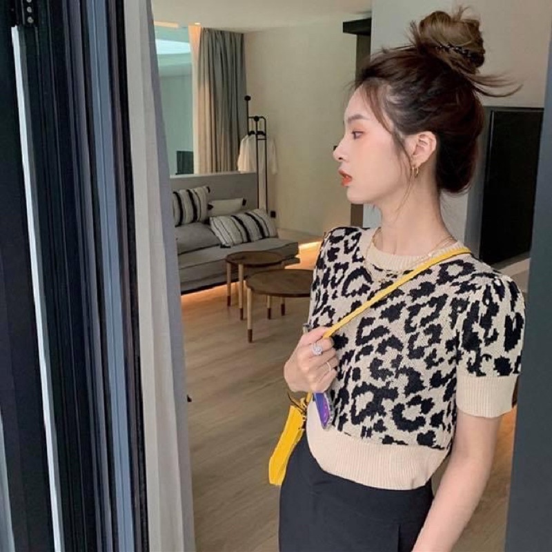 Áo len kiểu ngắn nữ ôm sát body da beo cổ tròn croptop - Order taobao quảng châu