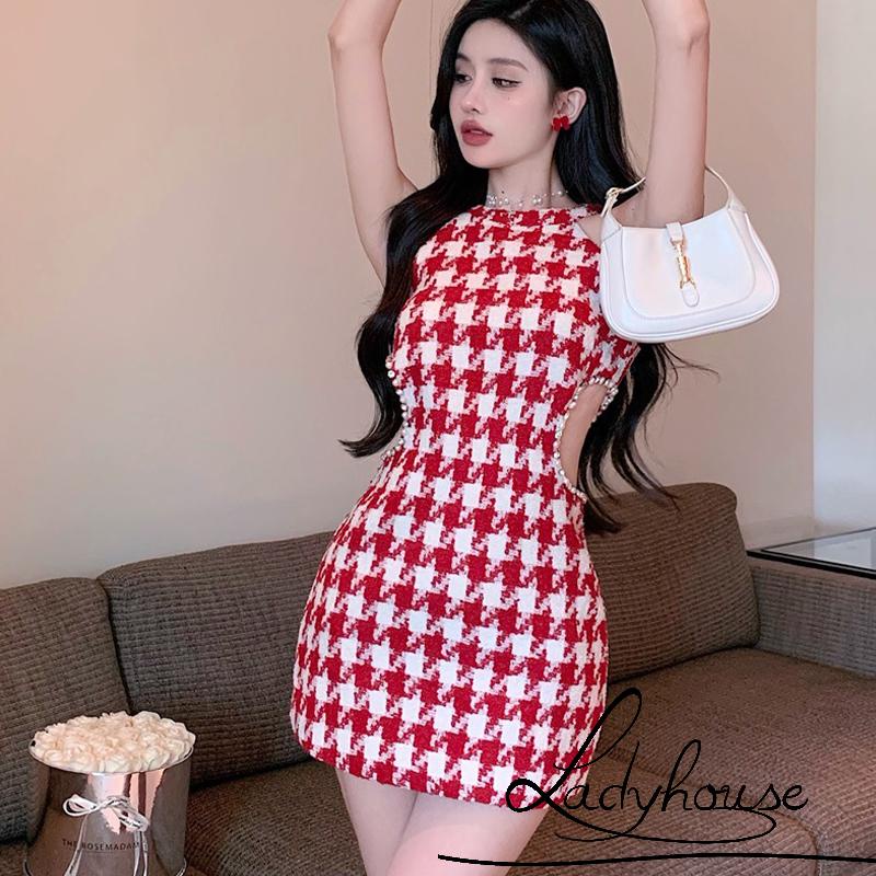 Ldd-đầm Ôm Dáng Không Tay Khoét Lỗ Rỗng Đính Đá Màu Đỏ Cho Nữ