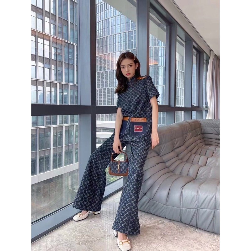Quần jieans ống rộng Gucci GC màu xanh dương họa tiết kẻ caro