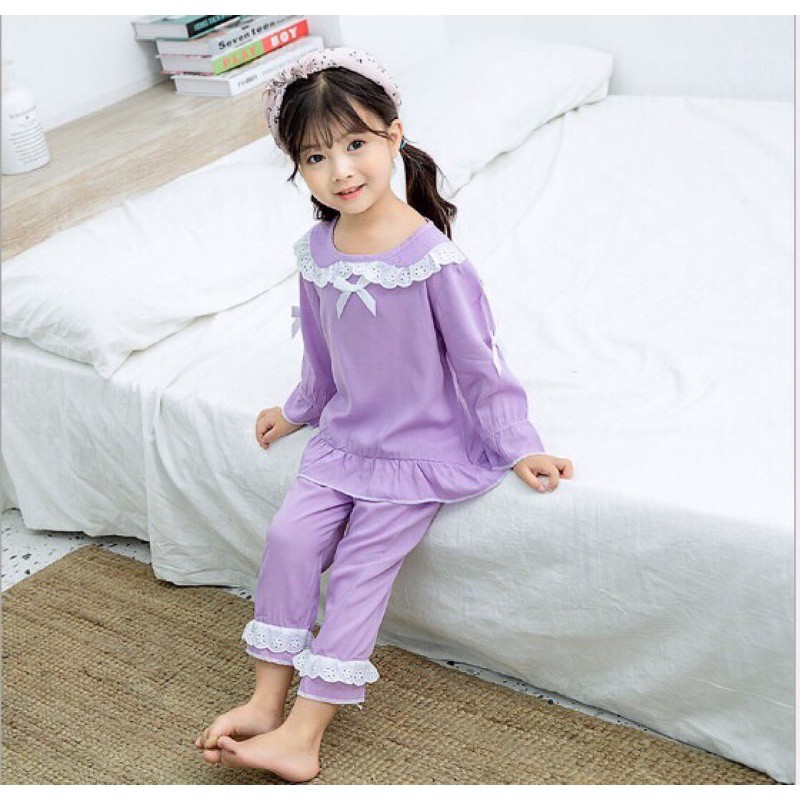 [ PIZAMA CHO BÉ] Đồ Ngủ Dài Tay Bé Gái_Pijama Lụa Dài Tay Phối Ren Dành Cho Bé Gái từ 7- 17 kg