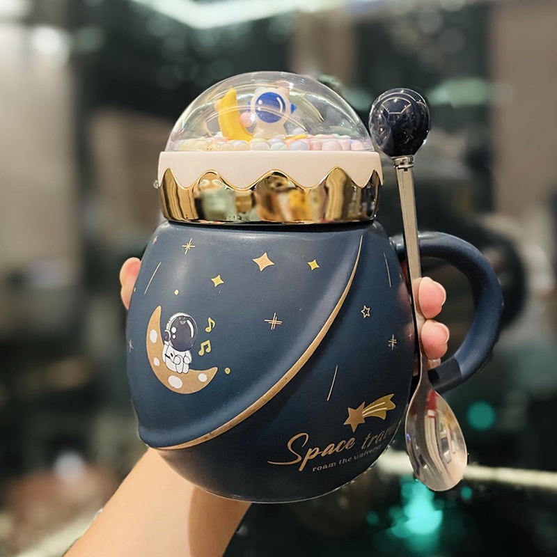 Ly cốc sứ có nắp Star War phi hành gia 500ml kèm thìa, nhiều màu sắc dễ thương dùng uống nước, pha trà, pha cà phê