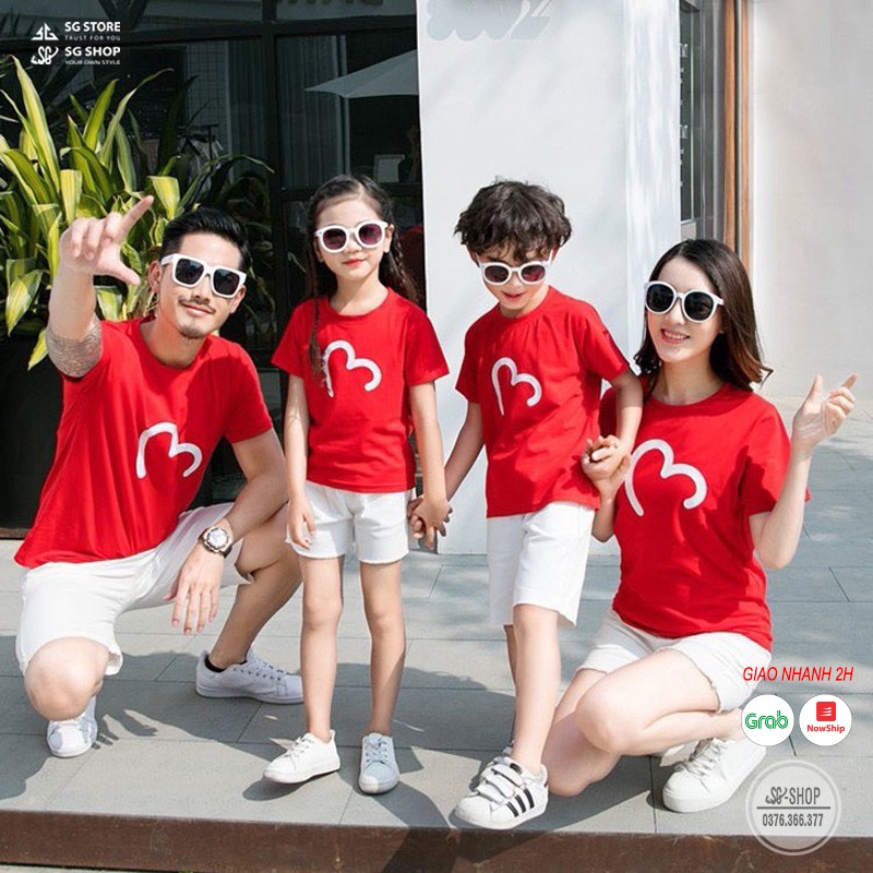 Áo gia đình màu đỏ - Thun cotton 4 chiều - Mẫu trái tim đủ size cho bé trai gái làm đồng phục GD401D | SGSTORE1