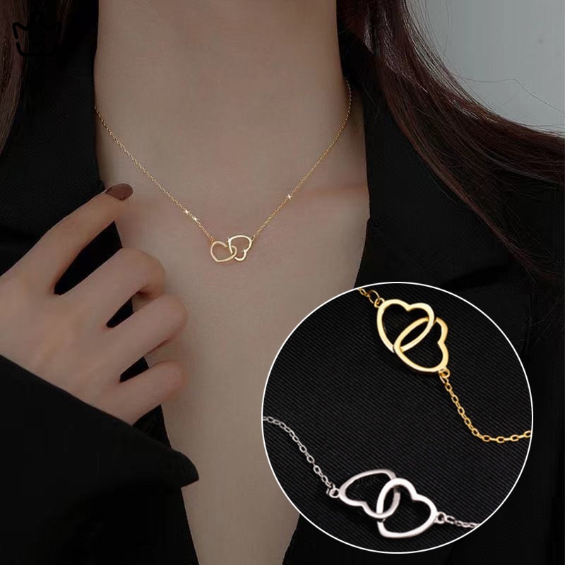 Vòng cổ Ngắn Mặt Trái Tim Đôi Màu Vàng/Bạc Phong Cách harajuku JP6
