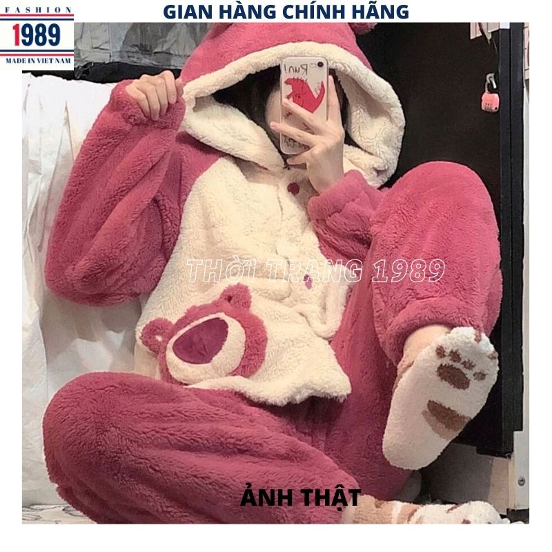Bộ đồ mặc nhà nữ lông gấu kiểu dánh hàn quốc ulzzang ,bộ ngủ mặc ấm mùa đông siêu kute dễ thương -PHƯƠNG 1989