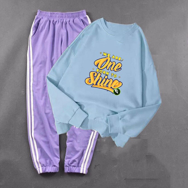 Bộ Quần Áo Nữ Dài Tay Đẹp Giá Rẻ, Gồm Áo Nỉ Da Cá Màu Xanh In Chữ ONE SHINE Kèm Quần Hai Sọc Bo Chun Gấu | BigBuy360 - bigbuy360.vn