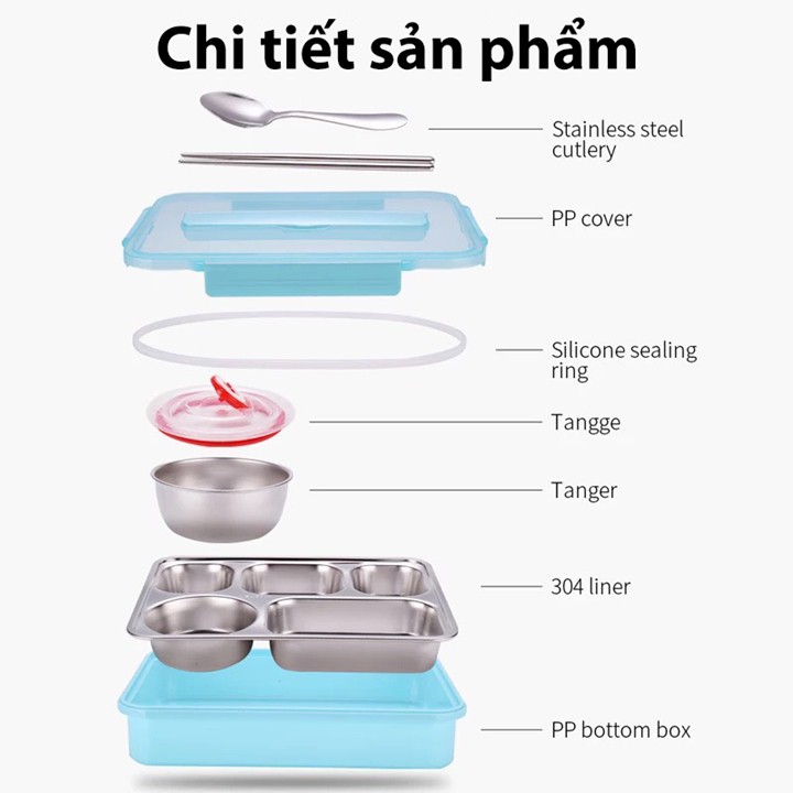 Hộp Cơm Sinh Viên Văn Phòng 5 Ngăn Chất Liệu Inox 304 Có Nắp Cách Nhiệt Chống Trầy Xước Kèm Đũa Muỗng