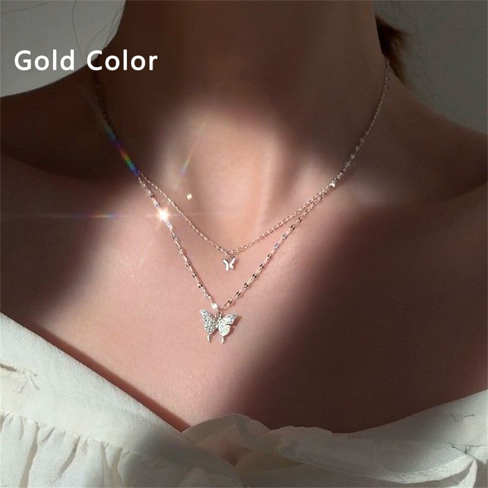 Vòng cổ hai lớp mặt hình bươm bướm phong cách Hàn Quốc thời trang