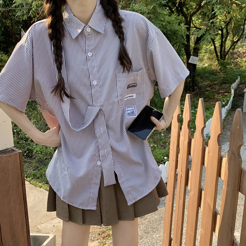 Áo Sơ Mi Tay Ngắn Kẻ Sọc Phong Cách Retro Hàn Quốc