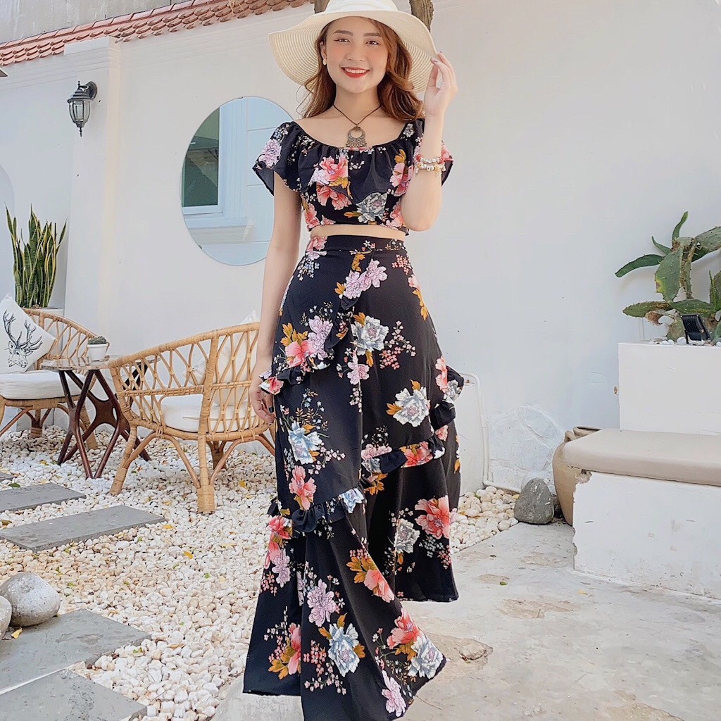 Set đồ Vintage Áo croptop và Chân váy xếp tầng, chụp hình cưới, du lịch VINTAGE STORE