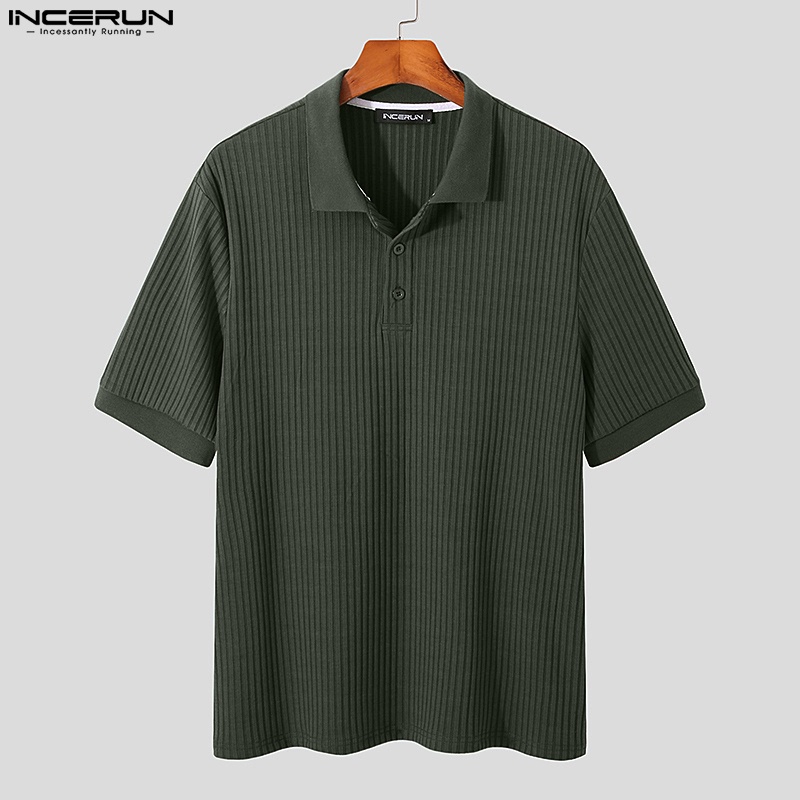 Áo thun polo INCERUN vải dệt kim ngắn tay họa tiết kẻ sọc thời trang mùa hè cho nam
