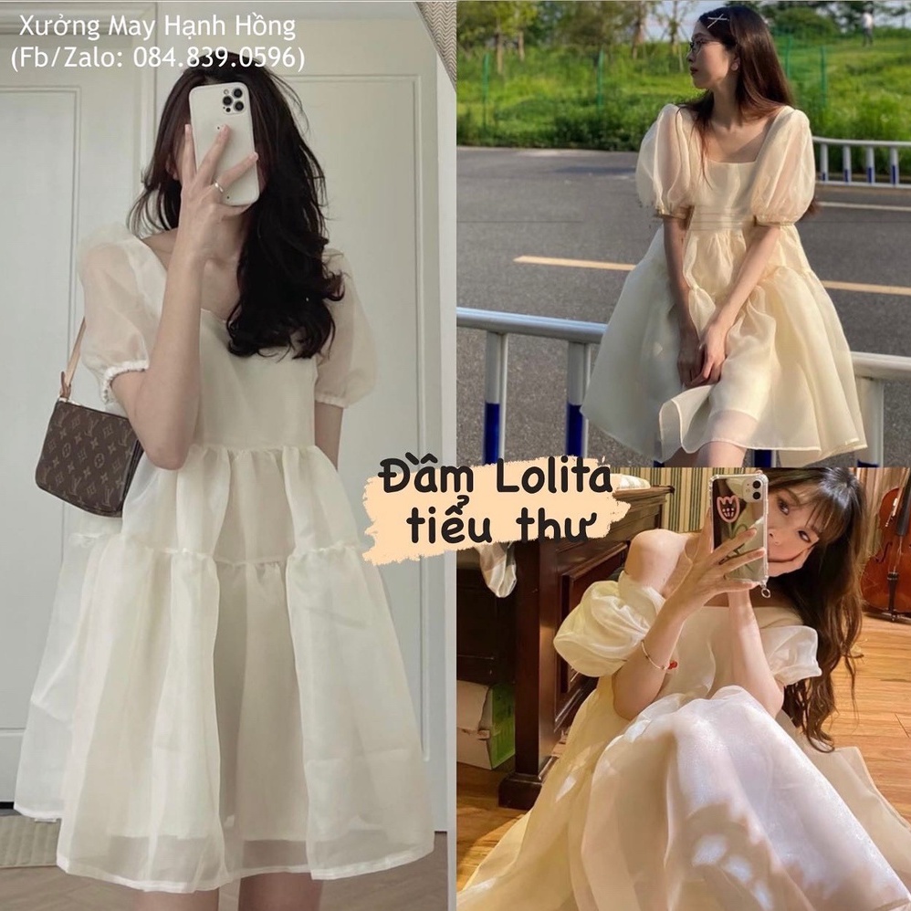 Váy babydoll voan tơ bồng 2 lớp hàng Quảng Châu, đầm cổ vuông tay bồng kèm ảnh thật