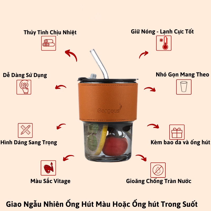 Cốc thủy tinh bao da Gorgous có nắp, ống hút dung tích450ml có 2 màu cao cấp