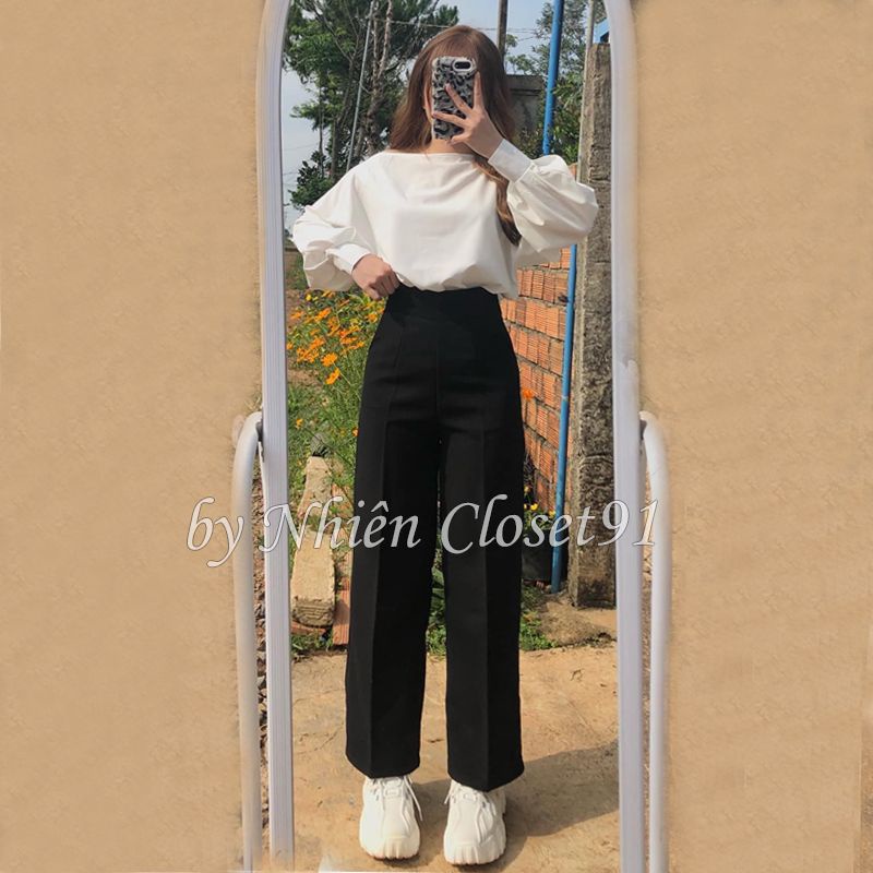 Quần vải ống rộng nữ cạp cao khoá sườn dáng suông màu đen kem trắng vải mưa dày dặn học sinh viên mặc đi học làm công sở