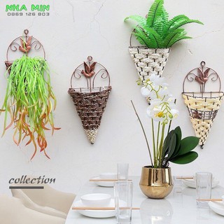 Giỏ Hoa Treo Tường Đan Mây, KHUNG SẮT, MÂY TRE ĐAN Trang Trí Nhà Cửa - Cây hoa giả