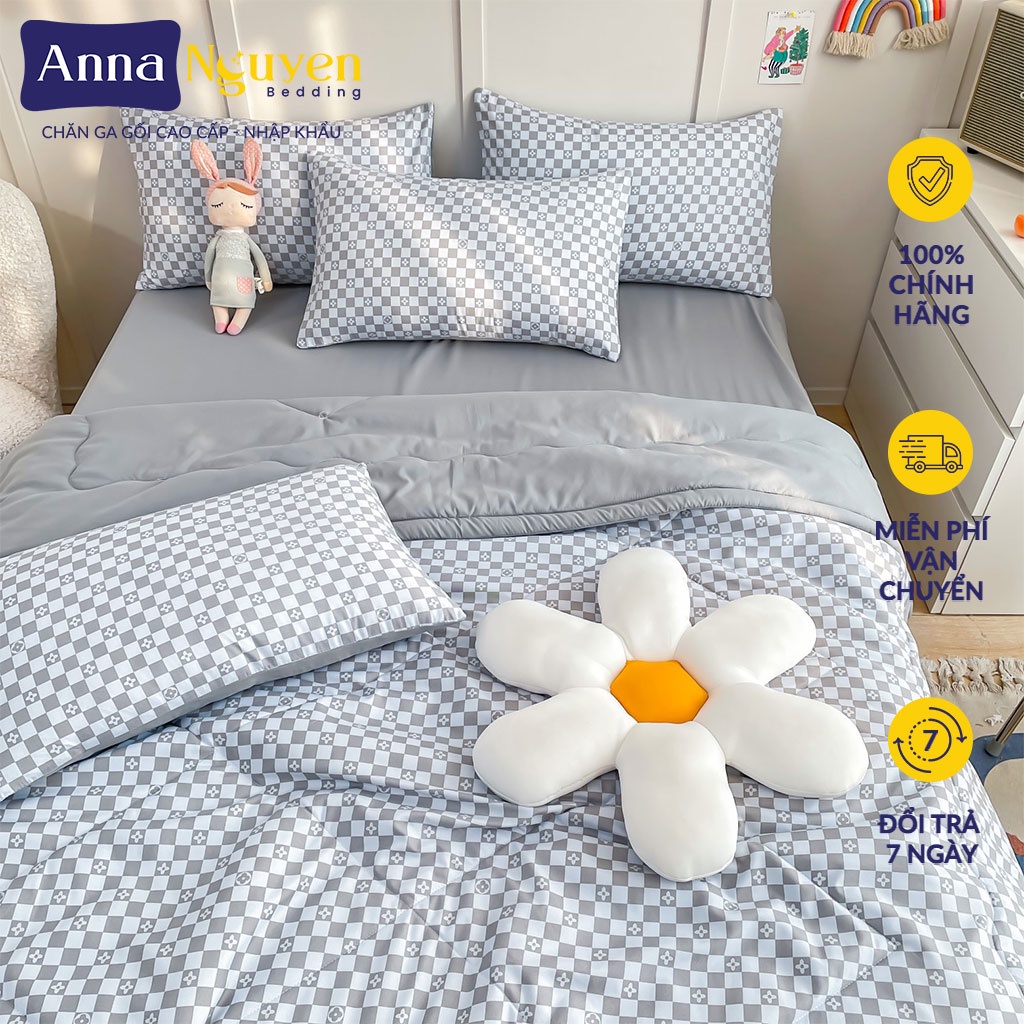 Bộ Chăn Ga Gối Đệm Cotton Chăn Hè Drap Giường Cotton Cao Cấp Mẫu Kẻ Ô Bo Chun Drap - Anna Nguyen Bedding