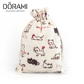 Túi vải bố linen họa tiết mèo con dễ thương có dây rút đựng phụ kiện trang sức, cà phê, hoa khô, hoa thơm trang trí