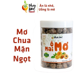 Ô mai xí muội mơ chua mặn ngọt Phan Huệ hộp 500g. Vị chua mặn ngọt. Ngâm ho, giảm rát họng. Ăn là nhớ