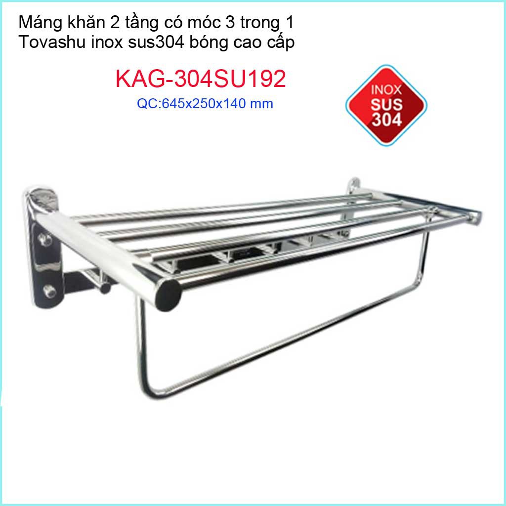 Thanh treo khăn tắm Tovashu KAG-304SU192, Giá treo khăn phòng tắm Inox hộp cao cấp SUS304 Nhật Bản