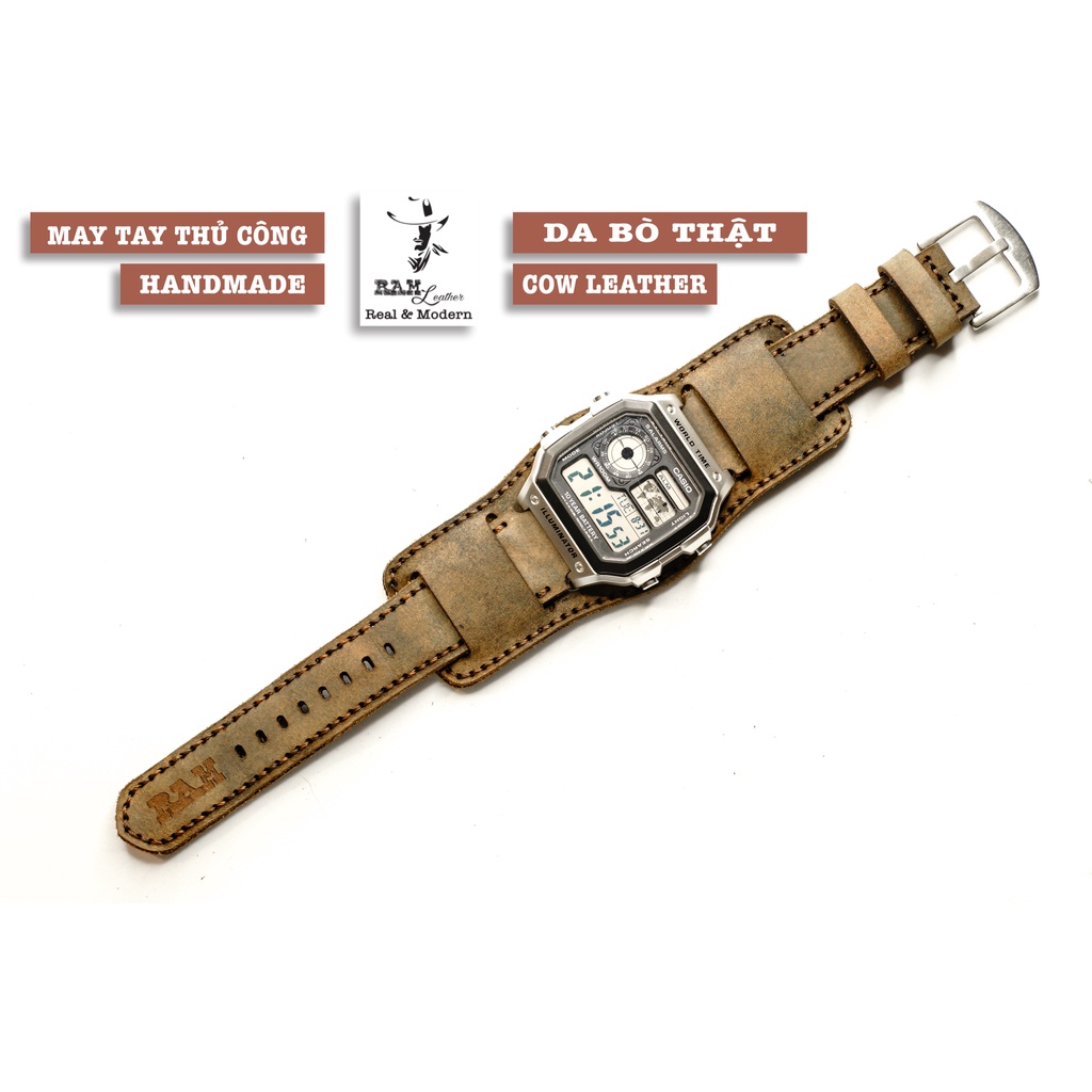 Dây Casio AE 1200 da bò đen RAM Leather B2 1952 - tặng khóa chốt và cây thay dây