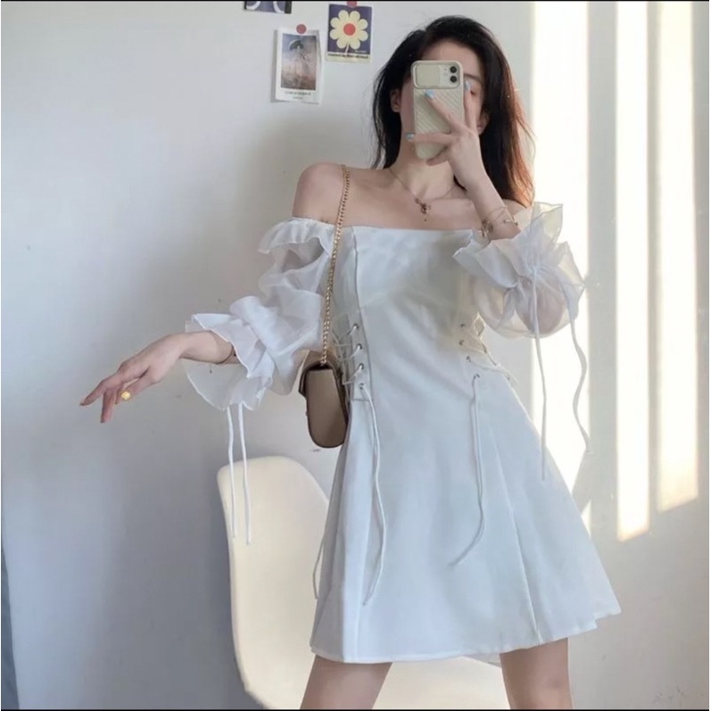 Đầm cổ vuông dài tay đan eo 2 màu