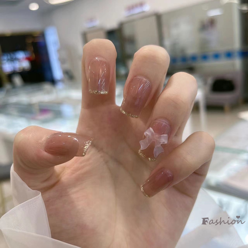Bộ 24 Móng Tay Giả 3D Trang Trí Nơ Lấp Lánh Có Thể Đeo Ngón Tay Thời Trang Cho Nữ