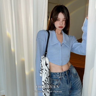 Cocorygirl  Áo khoác cardigan kiểu ngắn phối tay dài màu xanh dương thời trang cho nữ