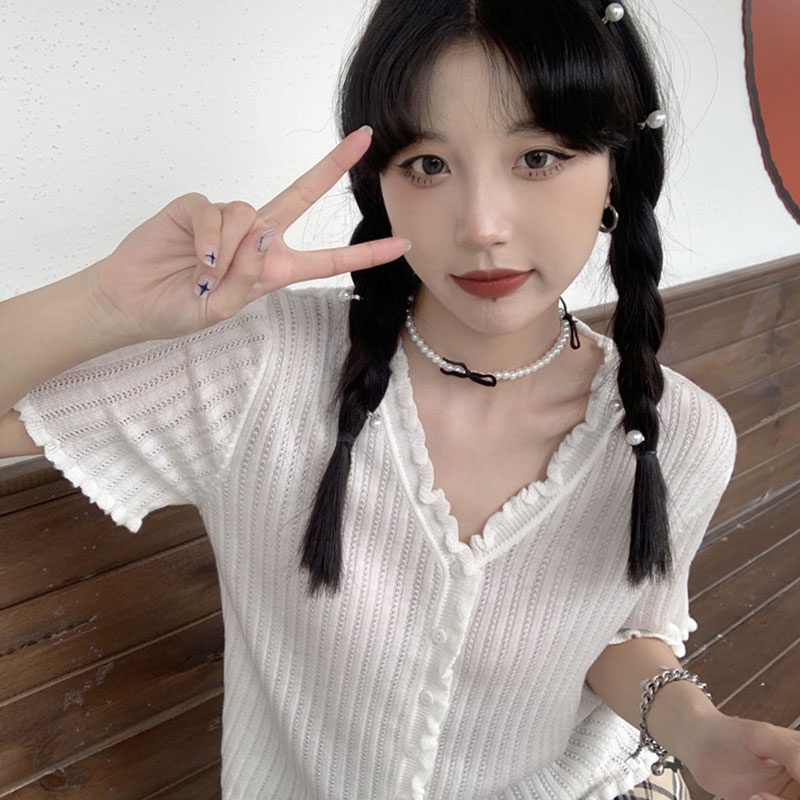 【ZHELIHANGFEI】 Áo Thun Cardigan Dệt Kim Lụa Lạnh Mỏng Tay Ngắn Cổ Chữ v Thời Trang Mùa Hè 2022 Phong Cách Mới Ngọt Ngào Cho Nữ