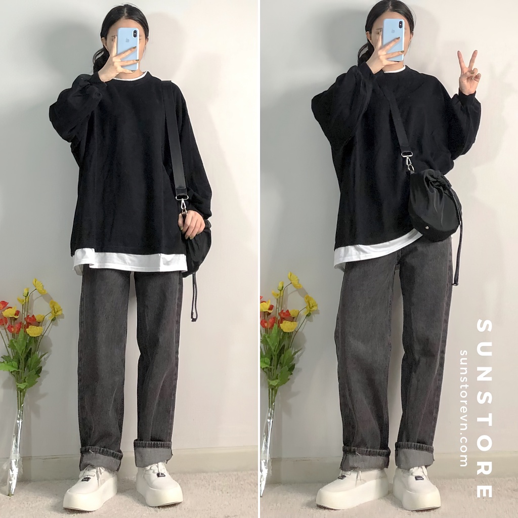 Áo tay dài form rộng oversize unisex kèm lớp lót thun trắng bên trong 2 màu đen và xanh thời trang thu đông Ulzzang
