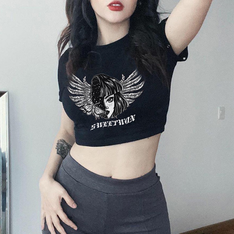 Áo Thun Crop Top Tay Ngắn Cổ Tròn In Họa Tiết Cánh Thiên Thần Phong Cách Gothic Harajuku Cho Nữ