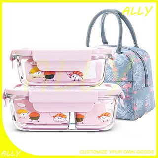 Hộp Cơm Thủy Tinh Văn Phòng Học Sinh Sinh Viên Chia Ngăn Giữ Nhiệt Kèm Túi Dùng Được Cho Lò Vi Sóng HB47