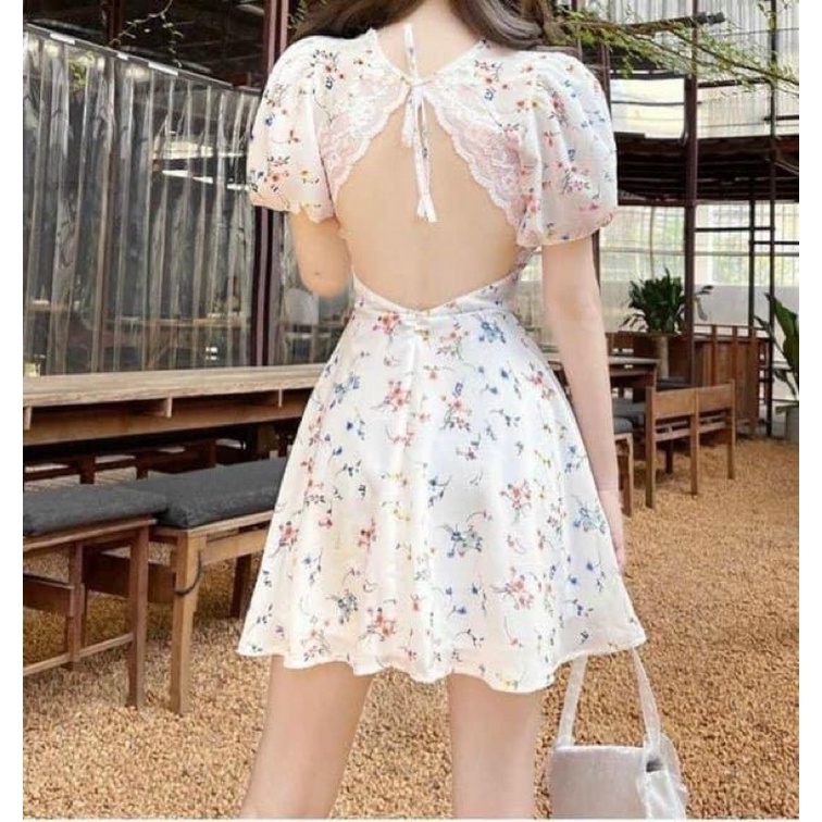 Đầm hoa nhíu ngực viền ren cut out lưng