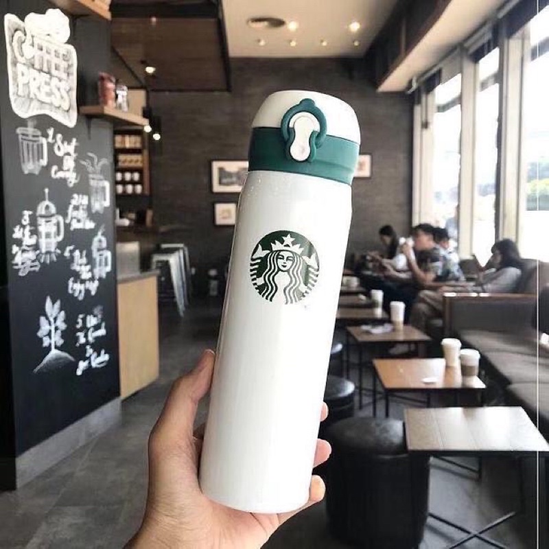 Set bình giữ nhiệt Starbuck và cốc sứ kèm thìa, inox 304 giữ nhiệt tới 12h