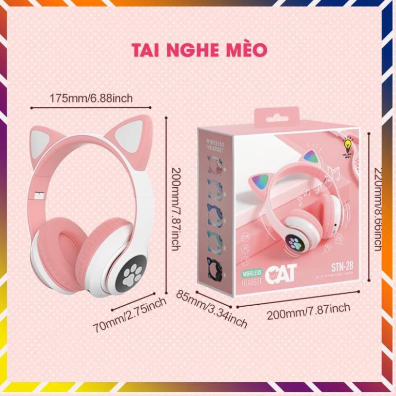 Tai Nghe Bluetooth, Tai Nghe Headphone Mèo Không Dây Dễ Thương Có Mic,Âm Bass Mạnh Mẽ Và Dung Lượng Pin Khủng 400mAh