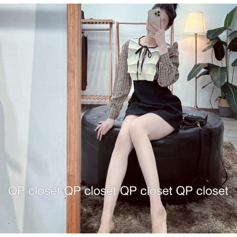 Áo sơmi kẻ bèo nơ ngực hàng L1