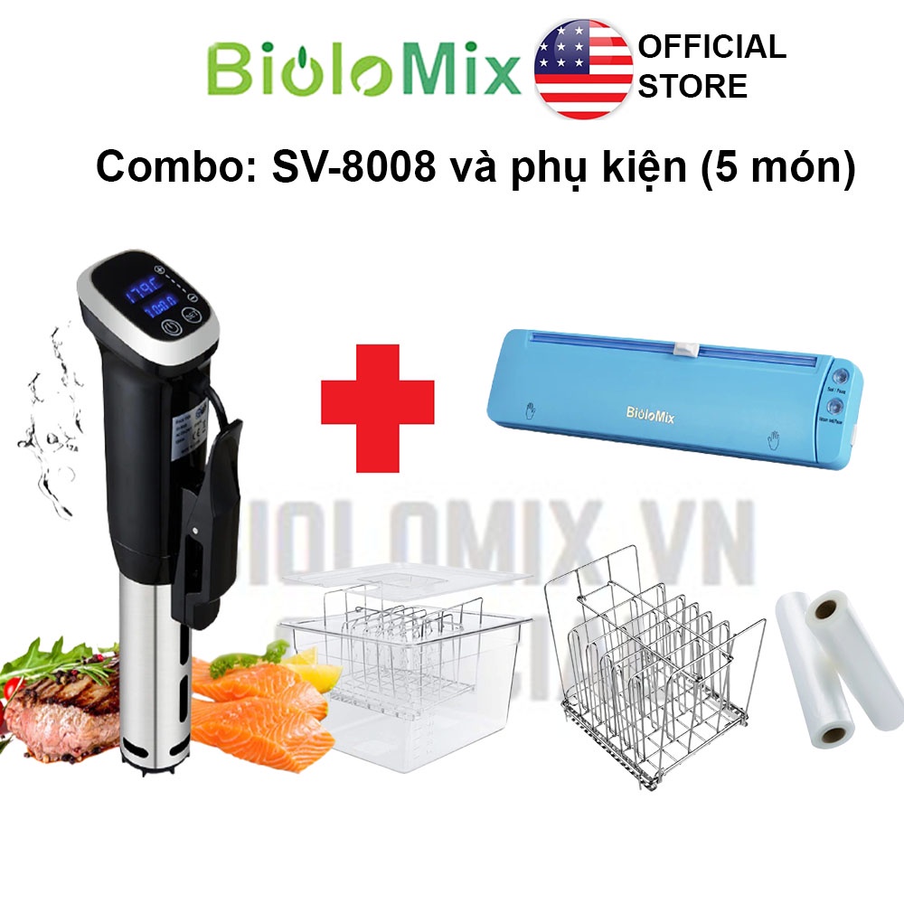 [BioloMix Brand] Combo máy nấu chậm Sous vide BioloMix SV-8008 máy hút chân không W200 và phụ kiện 5 món