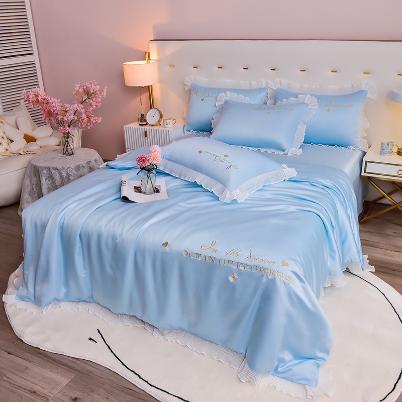 Bộ chăn ga gối lụa viền bèo công chúa xinh xắn, ga trải giường và vỏ gối chất liệu lụa nhập khẩu cao cấp đủ kích thước