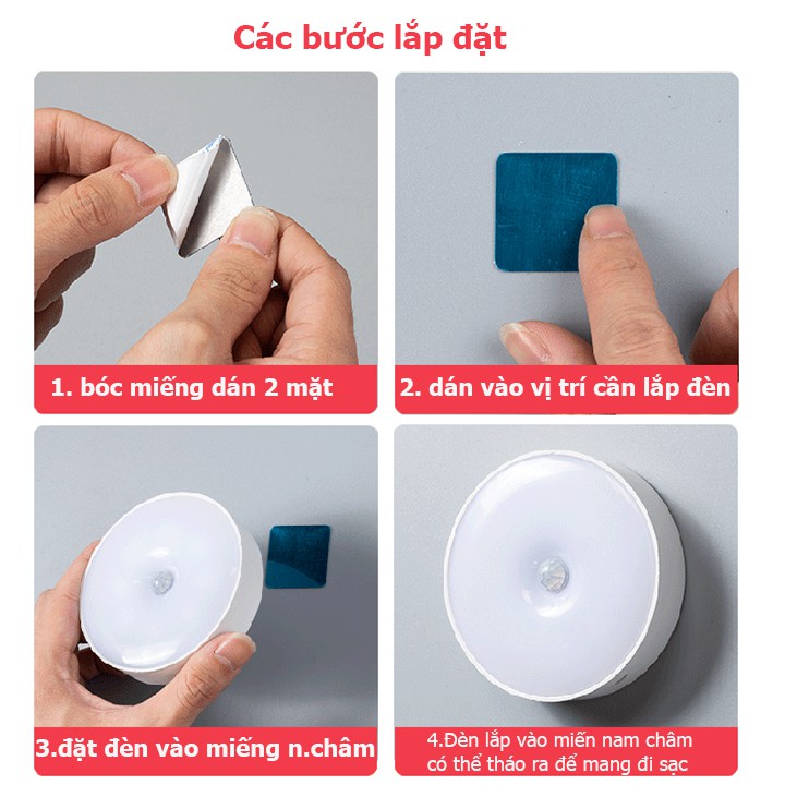 Đèn led cảm ứng, đèn cảm biến tự động thông minh không dây dùng pin sạc dán tủ quần áo, cầu thang, phòng ngủ