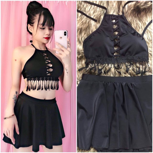 Bikini yếm tua đan váy xòe