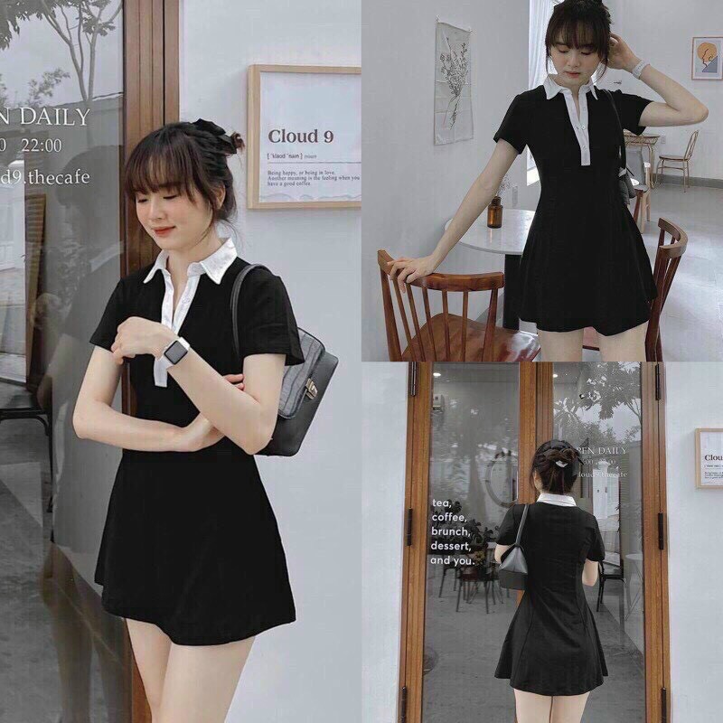Đầm polo ngắn đen viền cổ, váy đầm polo tay ngắn dáng xòe đi chơi, đầm polo đi dự tiệc