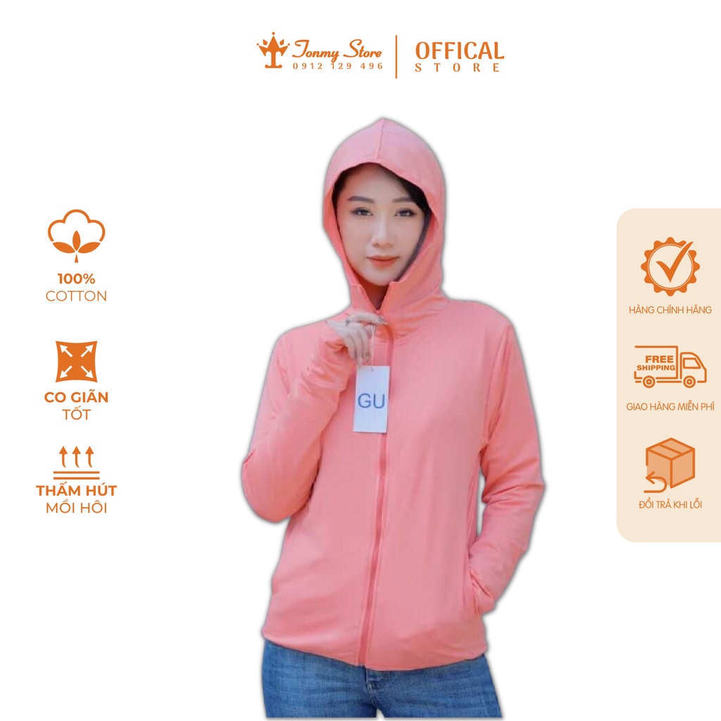 Áo chống nắng nữ GU xuất Nhật cao cấp, Áo khoác nắng nữ chất cotton thông hơi kim cương có khóa kéo kín mặt