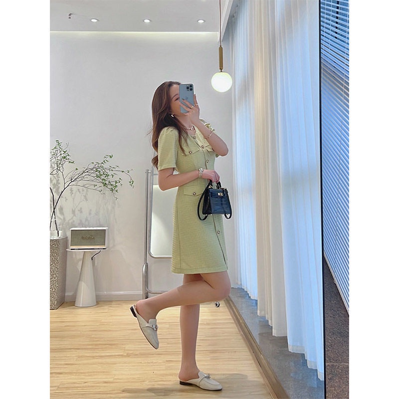 Mori A-letter small fragrant dress 2022 dress women's summer new high-end green French skirt to cover their bellies