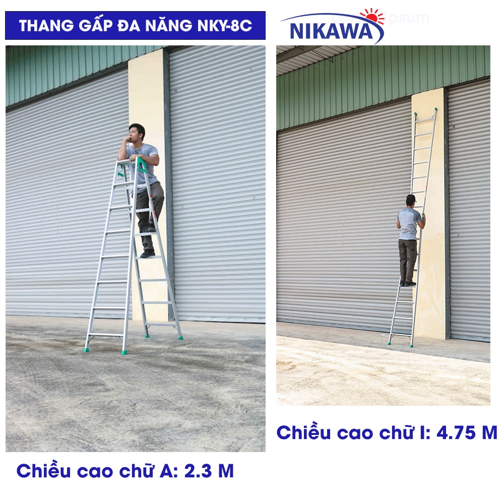 Thang nhôm gấp xếp chữ A chiều cao chữ I từ 2.9m đến 4.75m NIKAWA nhập khẩu Nhật bảo hành 18 tháng giao hỏa tốc HN NKY