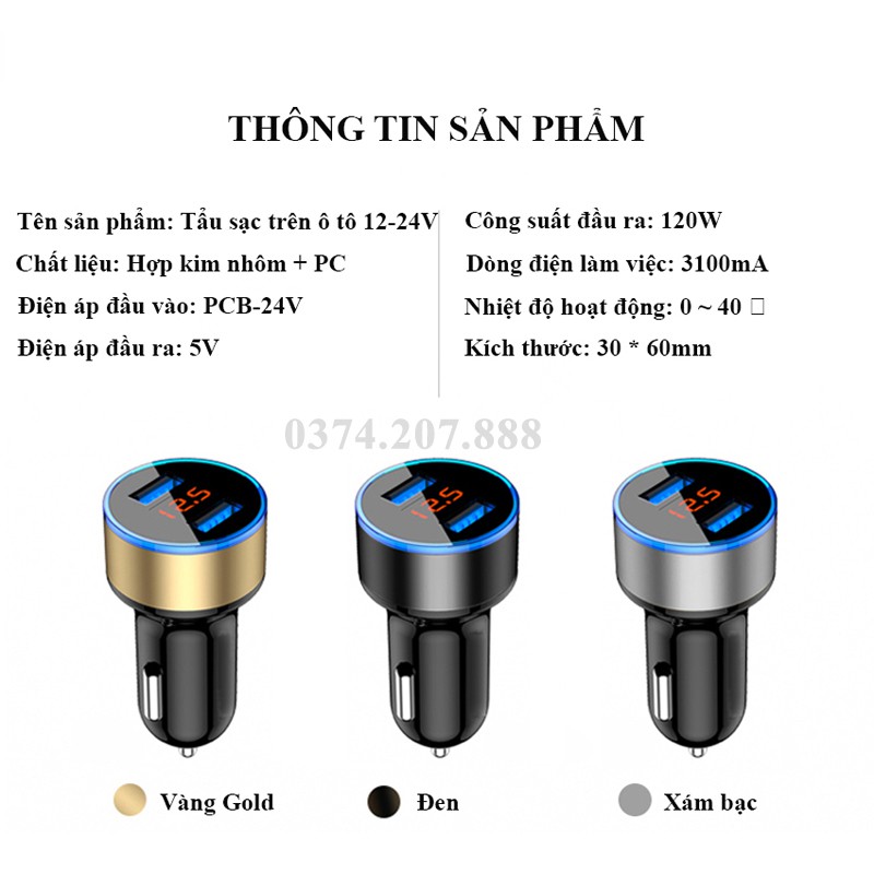 Tẩu Sạc Ô Tô, Tẩu Sạc 12-24 Với 2 Cổng USB Tích Hợp Màn Hình Hiển Thị LCD COCA.T