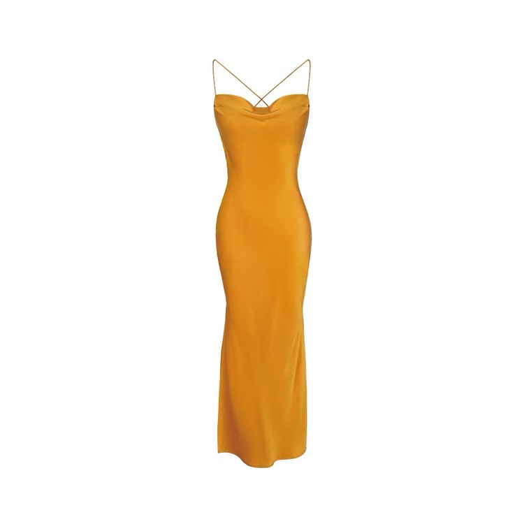 Đầm lụa satin maxi 2 dây hở lưng đi biển màu vàng gợi cảm