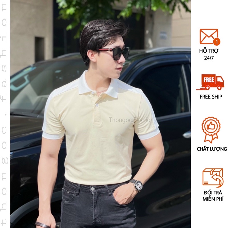 ÁO THUN POLO NAM NỮ ĐỀU MẶC ĐƯỢC MÀU VÀNG SỌC TRẮNG ĐIỂN TRAI VẢI THUN CÁ SẤU MÃ 10 (ẢNH THẬT)