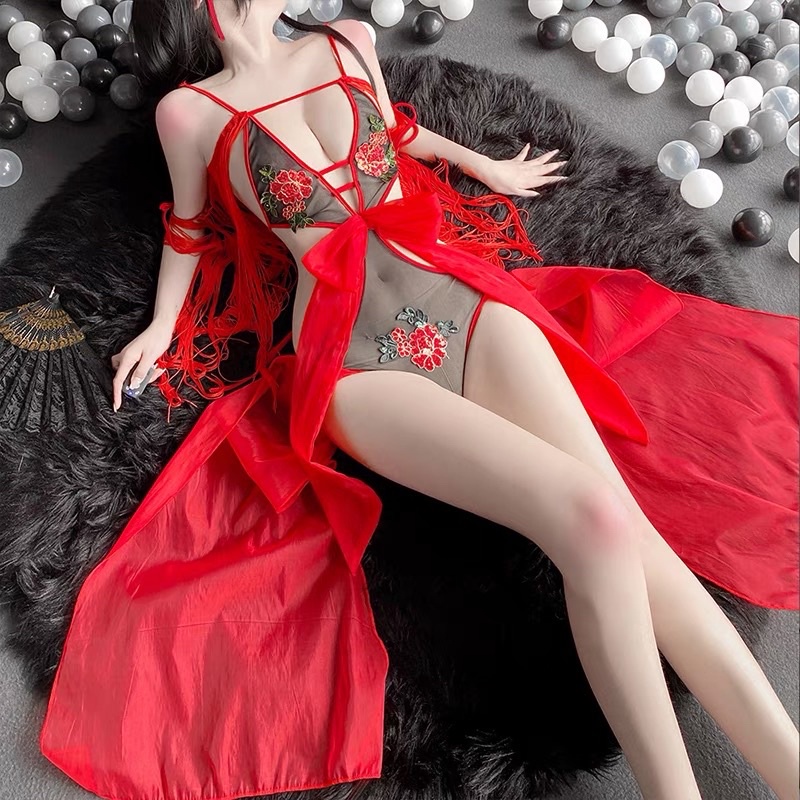 LL2460 Cosplay Cổ Trang Trung Hoa Phong Cách Gợi Cảm Quyến Rũ - Bodysuit Phối Tua Rua Đỏ Bắt Mắt