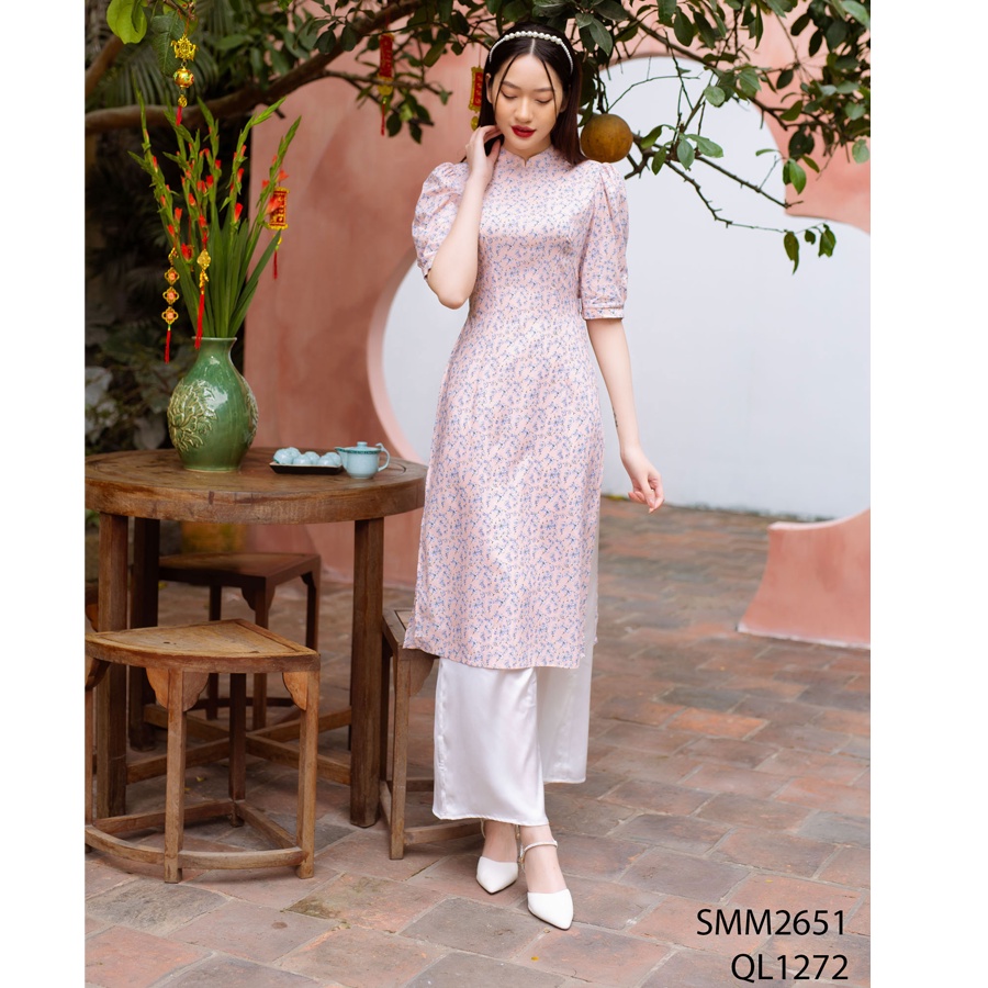 Áo dài cách tân hoa nhí, tay bồng lửng EMSPO SMM2651