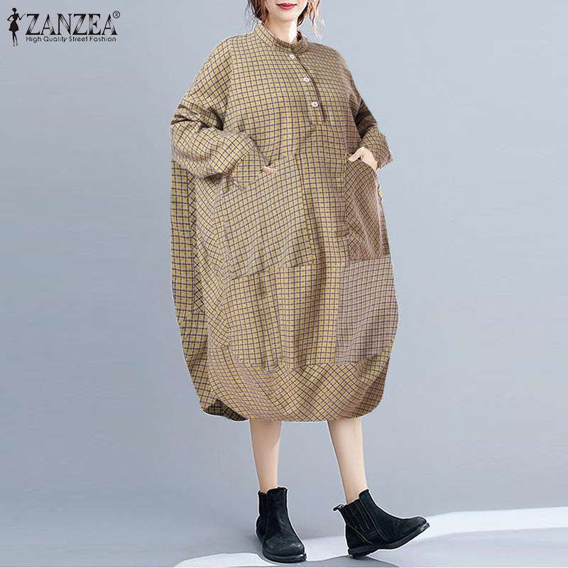 Đầm midi ZANZEA dáng rộng tay dài họa tiết kẻ sọc caro phong cách retro cho nữ